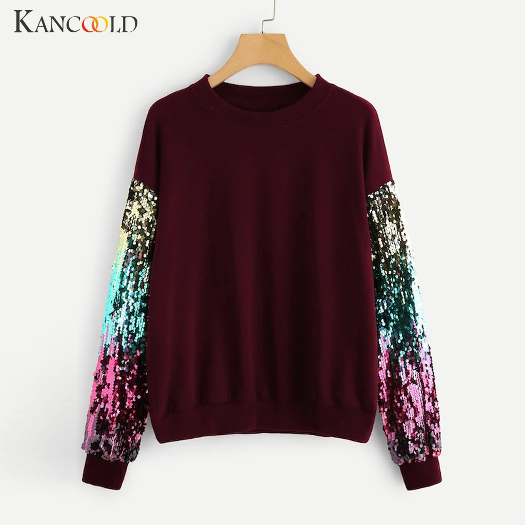 KANCOOLD top T-shirt Fashion Women girl Casual Long Sleeve Sequin T-shirt O-Neck Pullover Patchwork new top femme 2018dec25