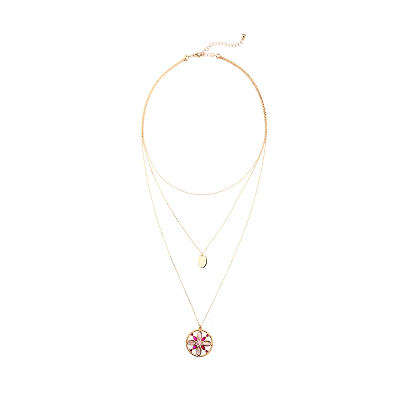 Crystal Flower Charms Gold Color 3 Layered Long Necklace Adjustable Dress Chains For Women Fashion Jewelry Drop Shipping | Украшения и
