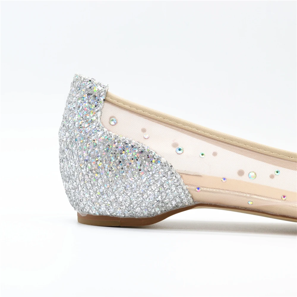 BuonoScarpe/Женская обувь на плоской подошве с острым носком, украшенная кристаллами; модная Серебристая обувь на плоской подошве; Роскошная прозрачная обувь для вечеринки и свадьбы; обувь на плоской подошве со стразами