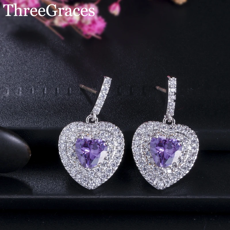 

ThreeGraces Perfect CZ камень проложить Фиолетовый Кристалл большое сердце Висячие серьги для Святого Валентина ювелирные изделия подарок ER303