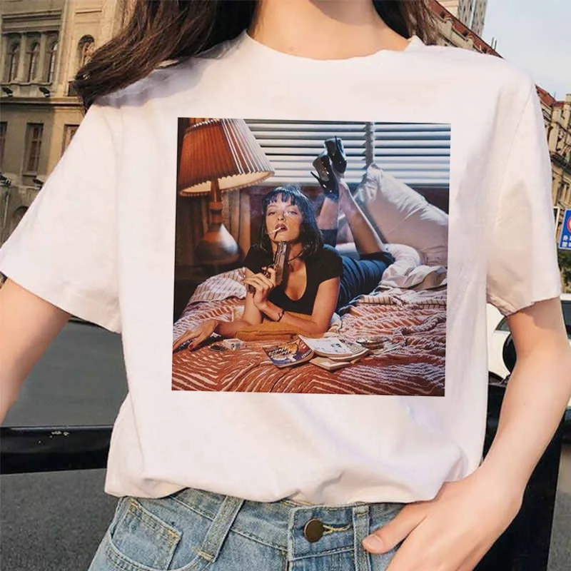 Pulp fiction Эстетическая Миа 90s Ulzzang Harajuku Movie футболка уличная Женская футболка Женские футболки женские футболки забавные
