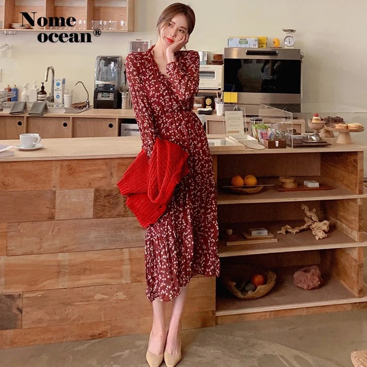 Модные платья миди с цветочным принтом и v образным вырезом высокая талия осень