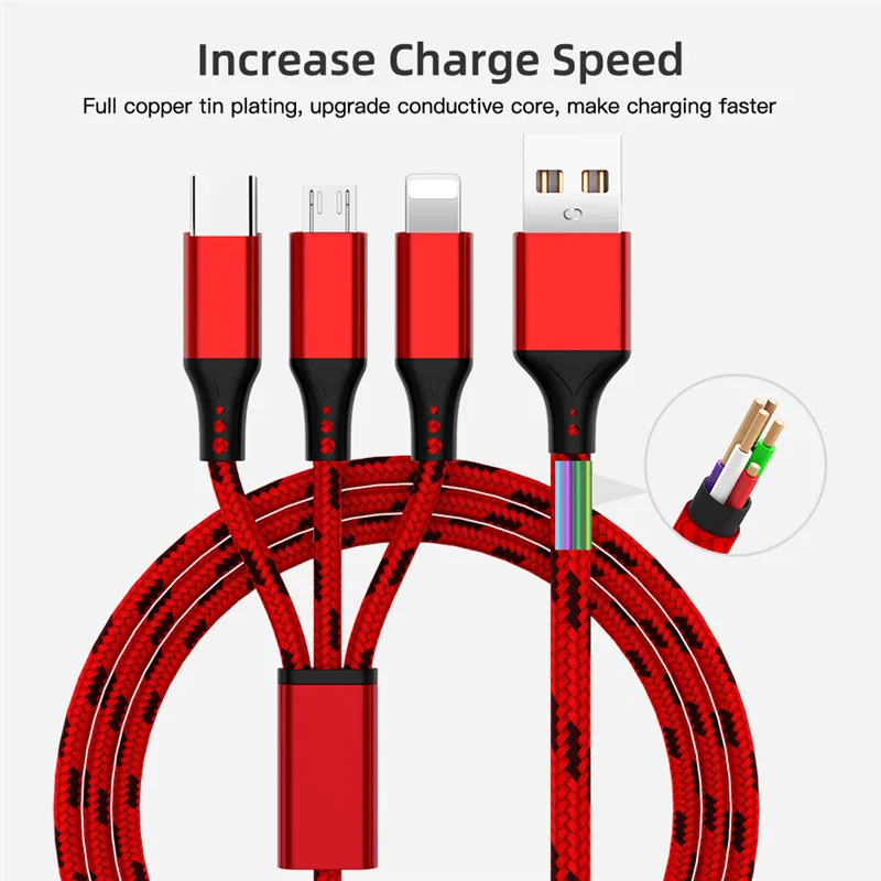 3 в 1 зарядный кабель для iPhone X Max XR 8 7 6 6s Plus 3A Micro usb type C для samsung S9 S8 huawei Xiaomi 3 в 1 Кабели для зарядки