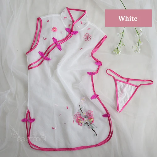 White Feeetmoi, китайское чонсам, ночная сорочка, сексуальное женское белье, Цветочная вышивка, однотонное Прозрачное нижнее белье, сексуальные эротические костюмы - Цвет: White