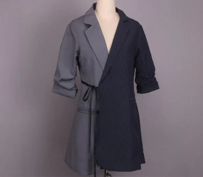 

plus size 2XL Patchwork Blazer Women Striped Lace Up Long Sleeve Asymmetrical Coat Fashion OL small suit