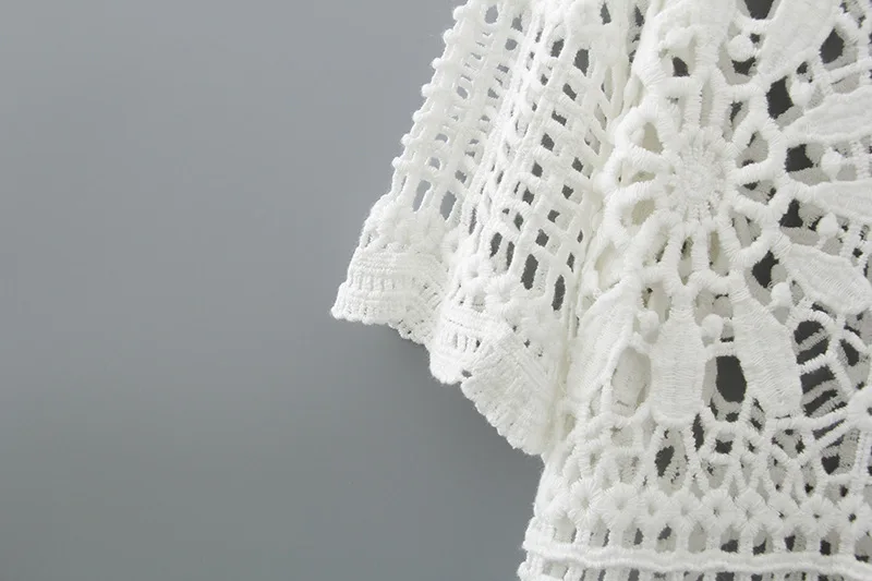 

2020 Summer Perspective Lace Crochet Shirt Women Fashion White Flower Shirts Ladies Short Sleeve Casual tops Women's Blusa