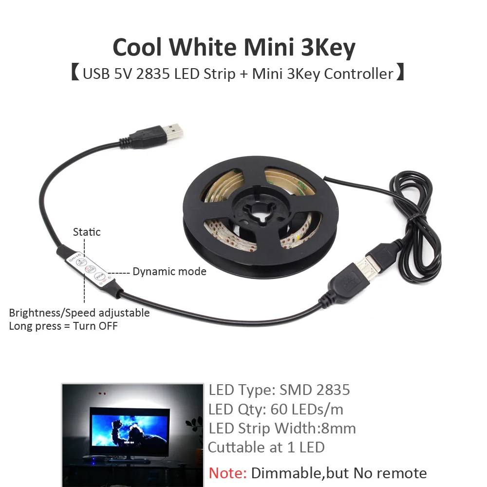 Cool White Mini 3Key Светодиодная лента Bluetooth USB 5 V SMD 5050 3528 Водонепроницаемая RGB CCT Беспроводная Музыка USB светодиодные осветительные полосы для компьютера ТВ светильник - Испускаемый цвет: Cool White Mini 3Key