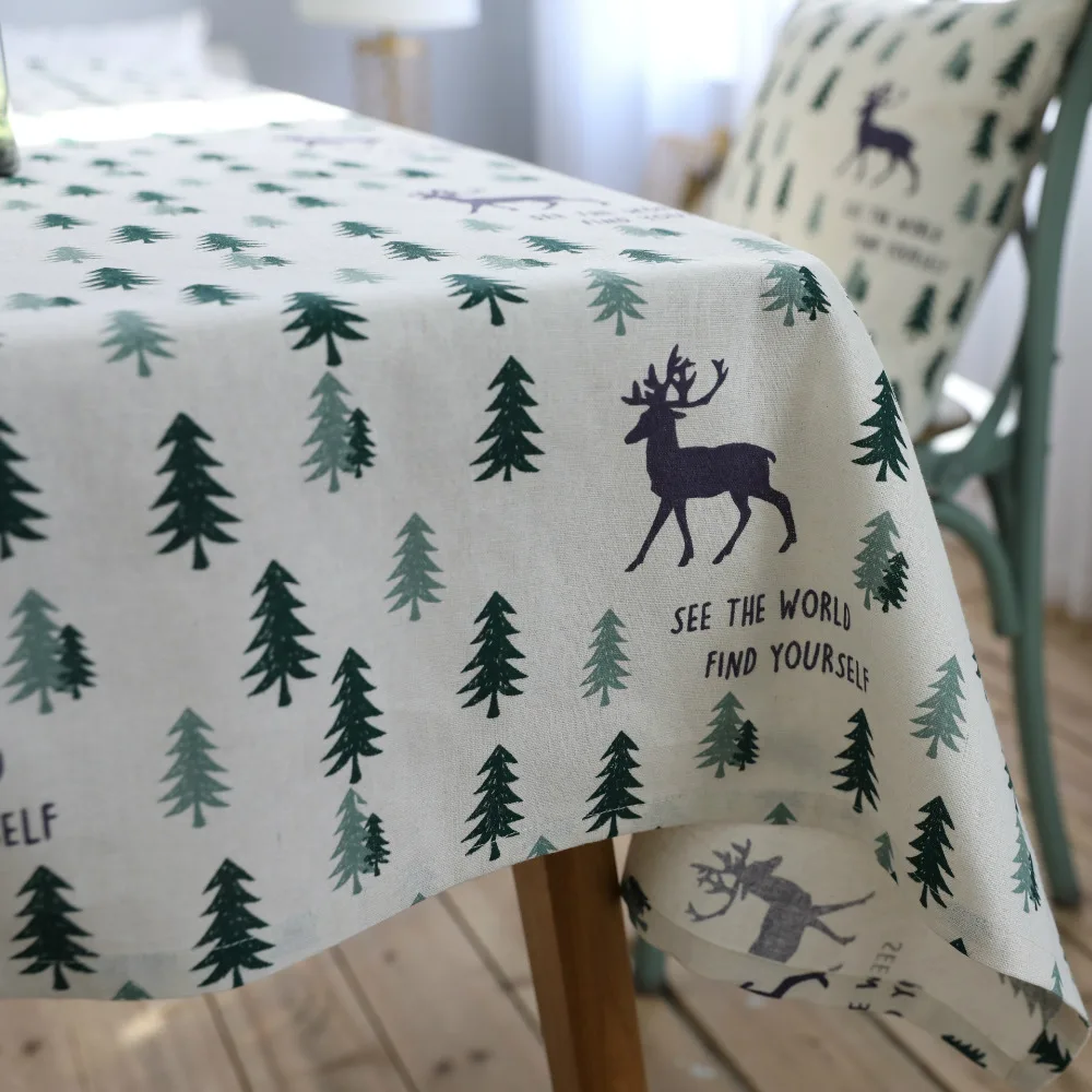 

Linen Cotton Tablecloth Fresh Green Tree Fawn Washable Coffee Dinner Comfortable Table Cloth for Christmas Wedding Banquet