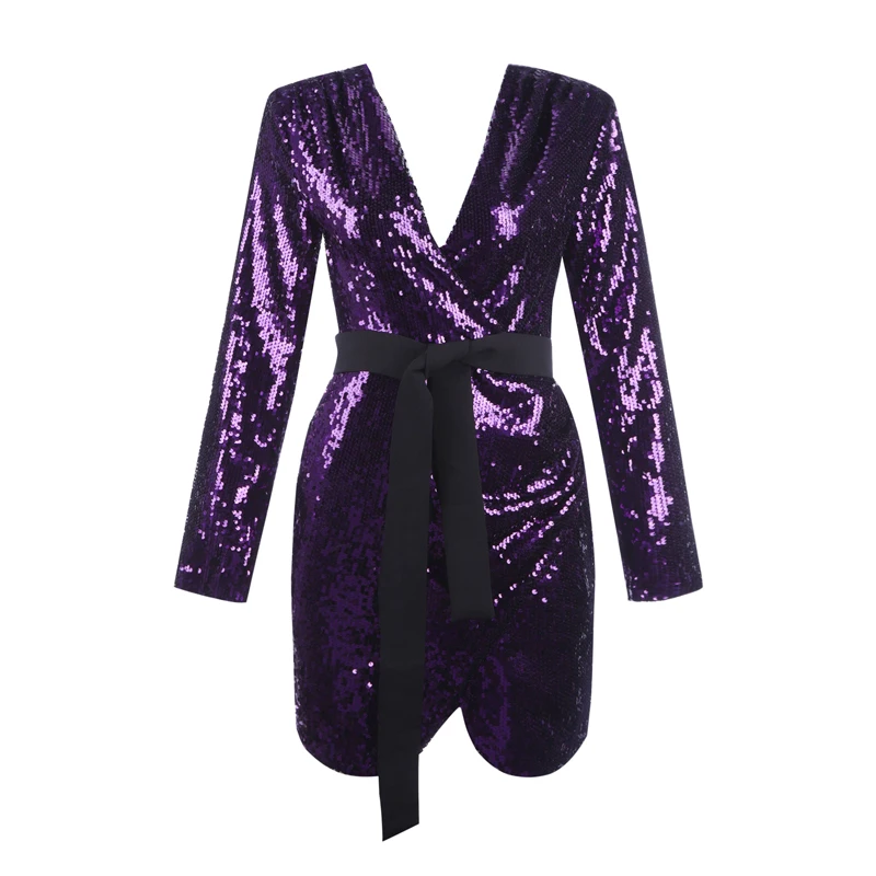Wholesale 2019 new dress Purple long sleeve V-neck Sequin Sexy Night club celebrity Cocktail party Dress(H2660) | Женская одежда
