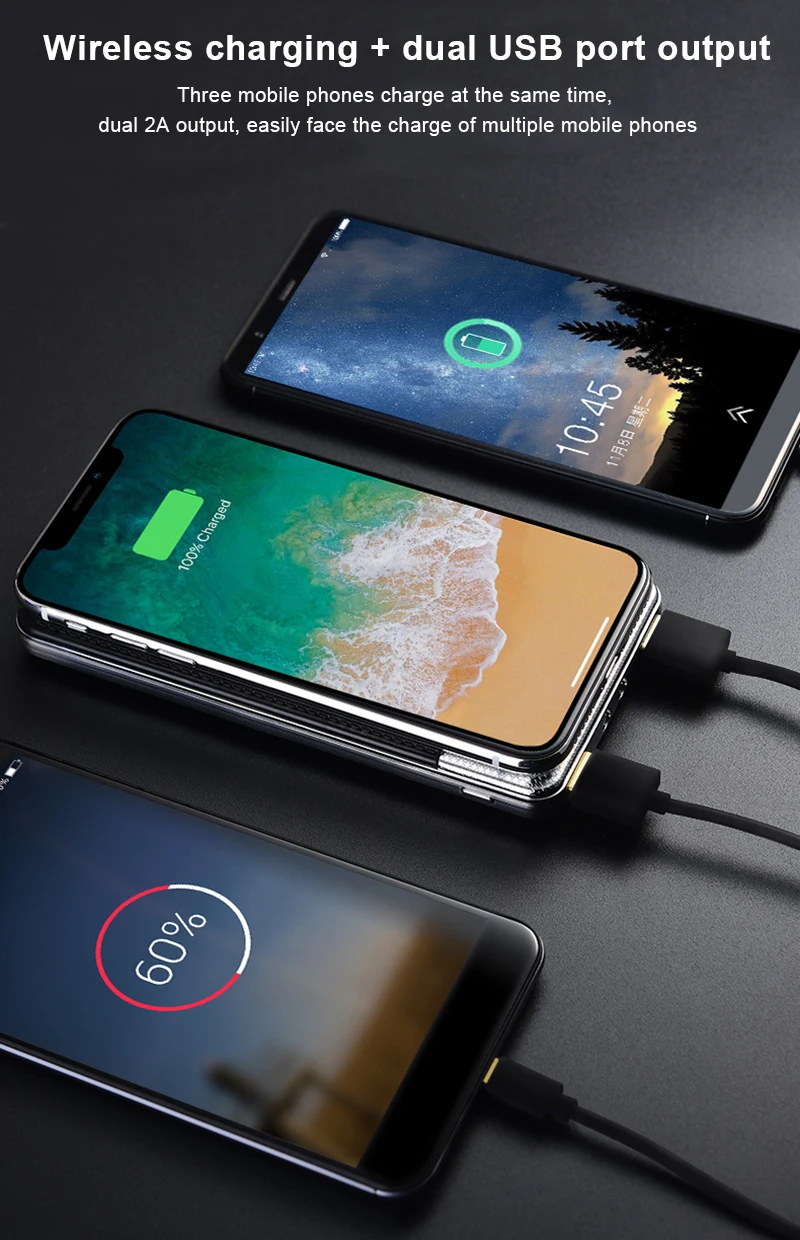 Беспроводное зарядное устройство Qi портативное Внешнее с двумя USB портами для
