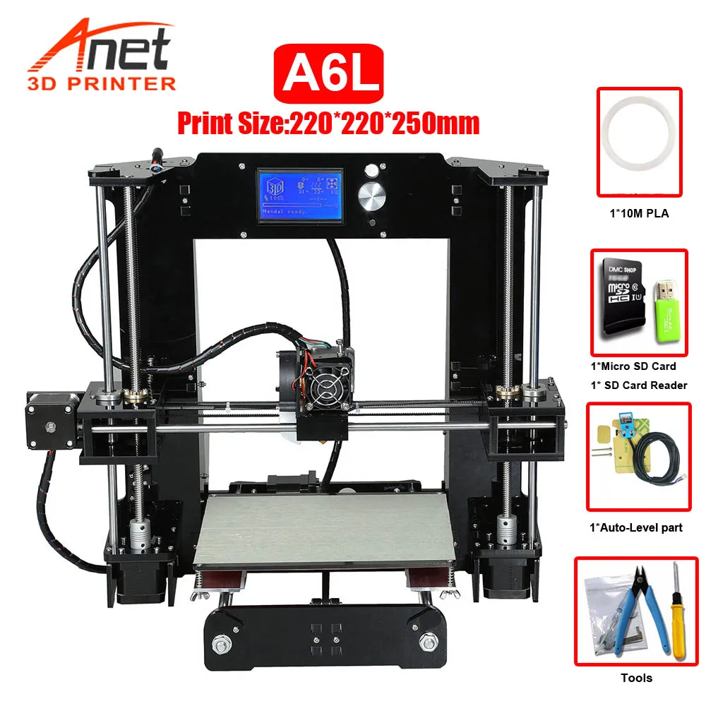 A6L 3D Printer Anet Auto A6 A8 3d принтер с высокой скоростью печати Reprap Prusa i3 высокоточные игрушки DIY 3d Принтер Комплект с нитью алюминия Горячая кровать - Цвет: A6L 3D Printer