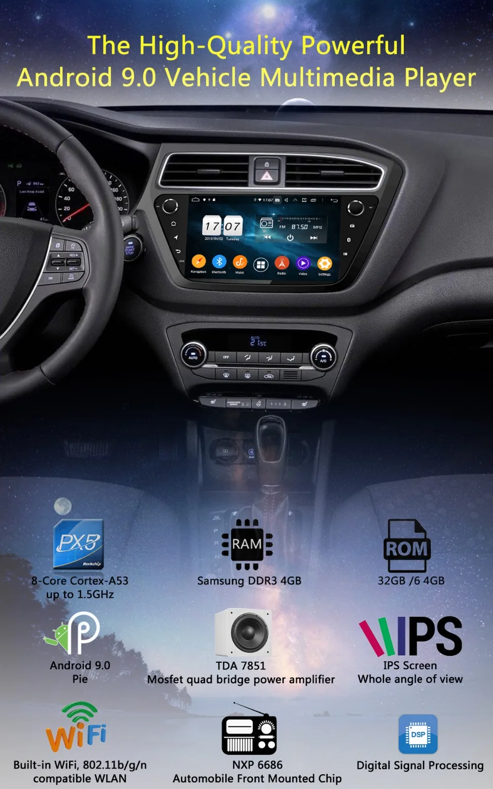 " ips 8Core 4+ 64G Android 9,0 автомобильный мультимедийный плеер для hyundai i20 LHD gps Радио DSP CarPlay Parrot BT
