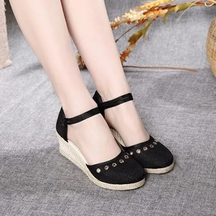 Женские парусиновые сандалии Эспадрильи с ремешком на щиколотке среднем каблуке