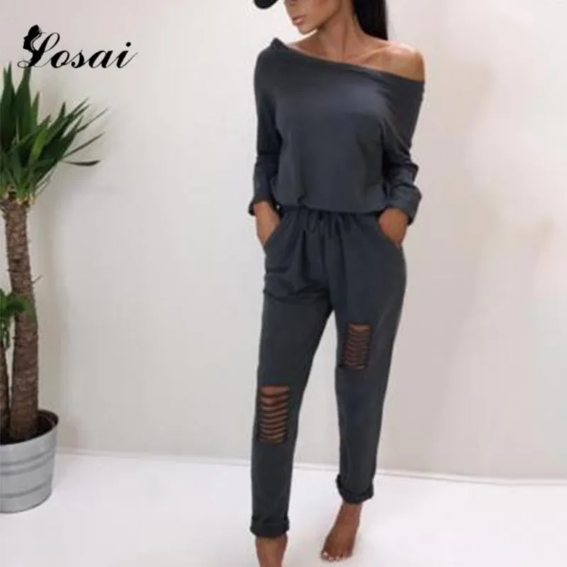 Женский хлопковый комбинезон с длинным рукавом открытыми плечами поясом боди