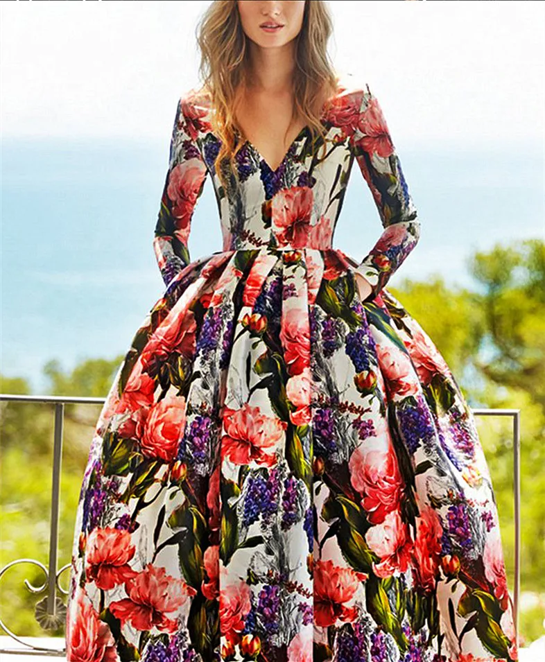 

Prairie Chic Ball Gown Dress Vestidos 2018 Spring Florals Long Dress With Long Sleeves Vintage 50s Dress SO2277