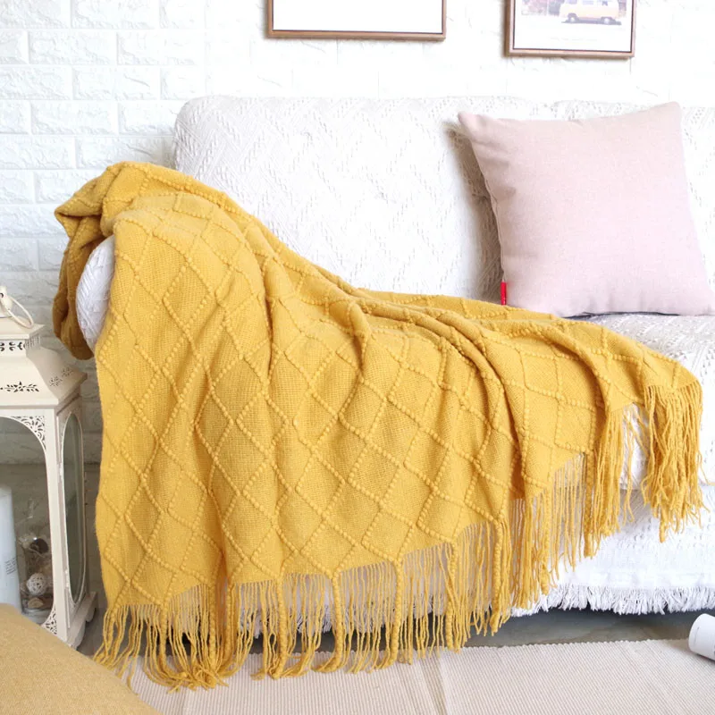 

Плед в скандинавском стиле, однотонное вязаное одеяло в клетку с геометрическим узором для дивана, для отдыха, многофункциональное покрывало с кисточками для кровати