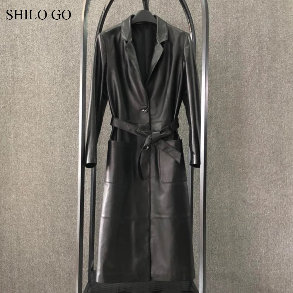 Женский кожаный Тренч SHILO GO длинное однобортное пальто из натуральной овечьей