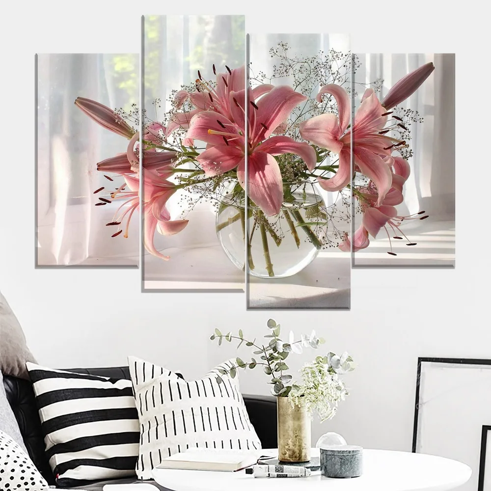 

Canvas Prints Painting Wall Art Poster 4 Pcs Pink Lily Bouquet And Flower Vase Modern For Living Room Home Decor Modular Picture