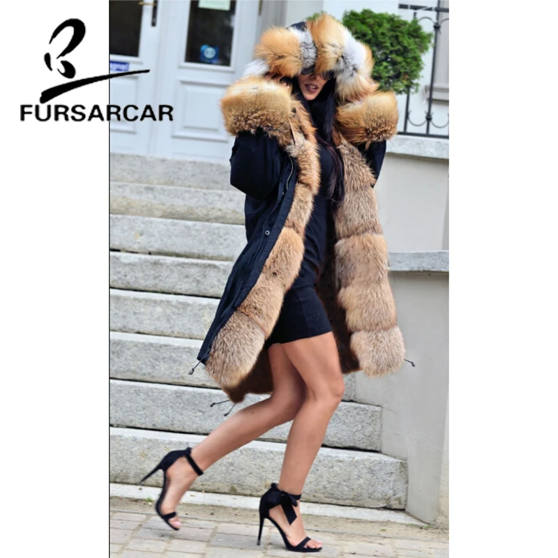 FURSARCAR 2021 Luxury Winter Fur Parka For Women Real Fur Coat Female With Thick Fox Fur Hood Fashion Long Parkas