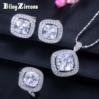 beaqueen fashion white gold color 3pcs party jewelry set square cubic zircon crystal women necklace earring and ring sets js031