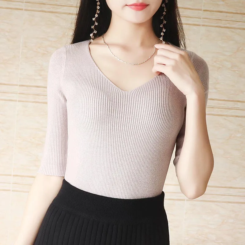 Knitting Womens Sweaters New Korean Bottom half Sleeve Black blue beige V-collar Winter Tops Sweater Women Thin Pullover Jumper | Женская