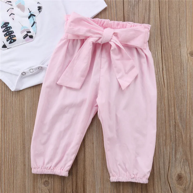 

Toddler Baby Girls Romper Tops High Waist Bow Bandage Pants Trousers Headband 3pcs Casual Kids Children Printing Clothes Sets