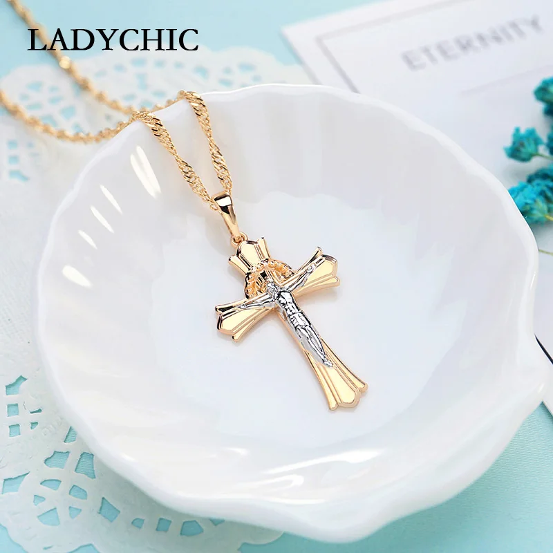 LADYCHIC Распятие Иисуса золотое ожерелье с крестом для женщин мужчин классический