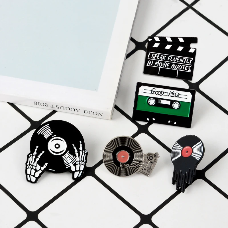 Music And Video Collection Crews Clapperboard Clap-stick Vinyl Record Player Tape Turntable Record DJ Enamel Brooch Pin For Gift images - 6