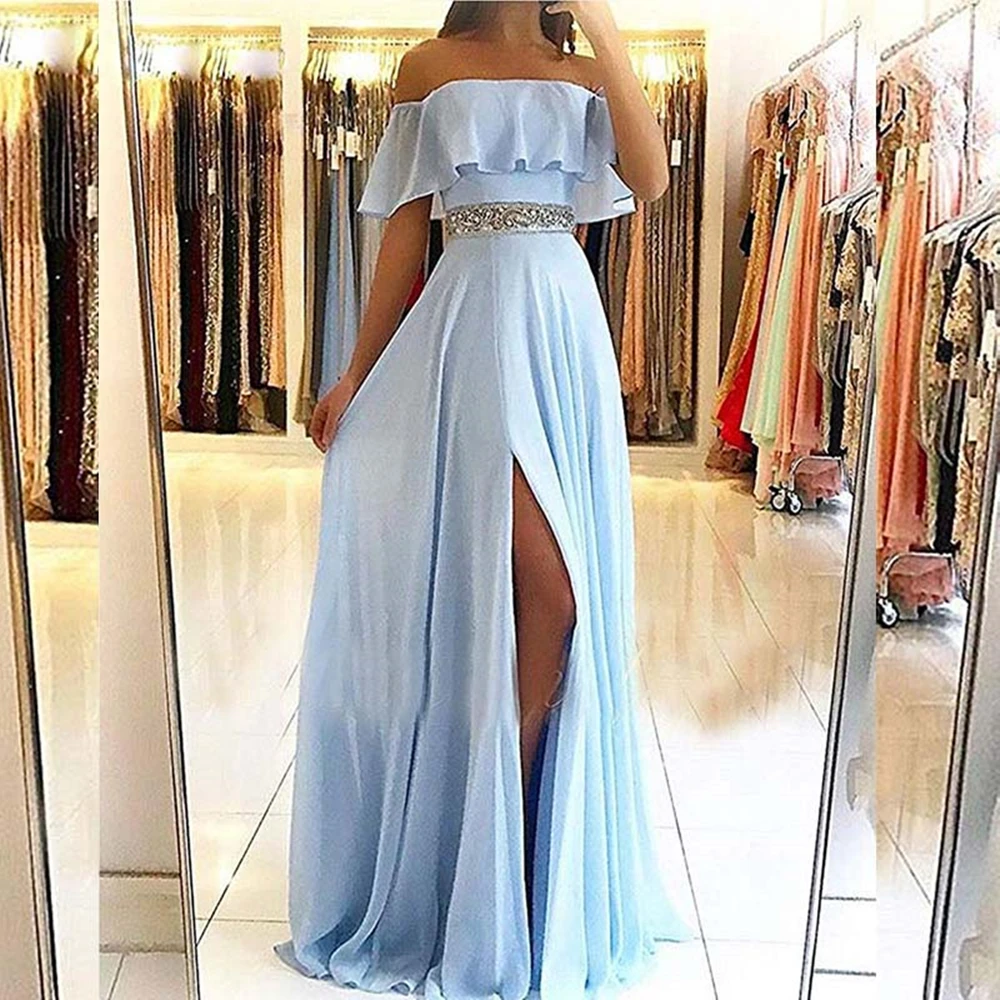 

Robe de soiree Off The Shoulder Chiffon Evening Dresses Long Beaded Side Slit Prom Dress Formal Party Gown