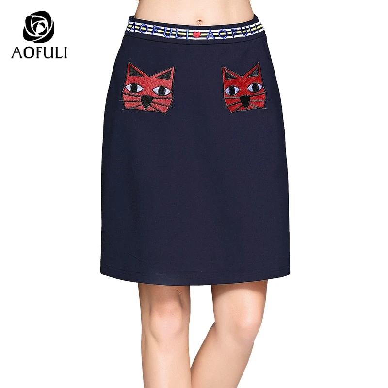 AOFULI M 3XL 4XL 5XL Милая юбка с вышивкой в виде кошек женская зимняя короткая больших
