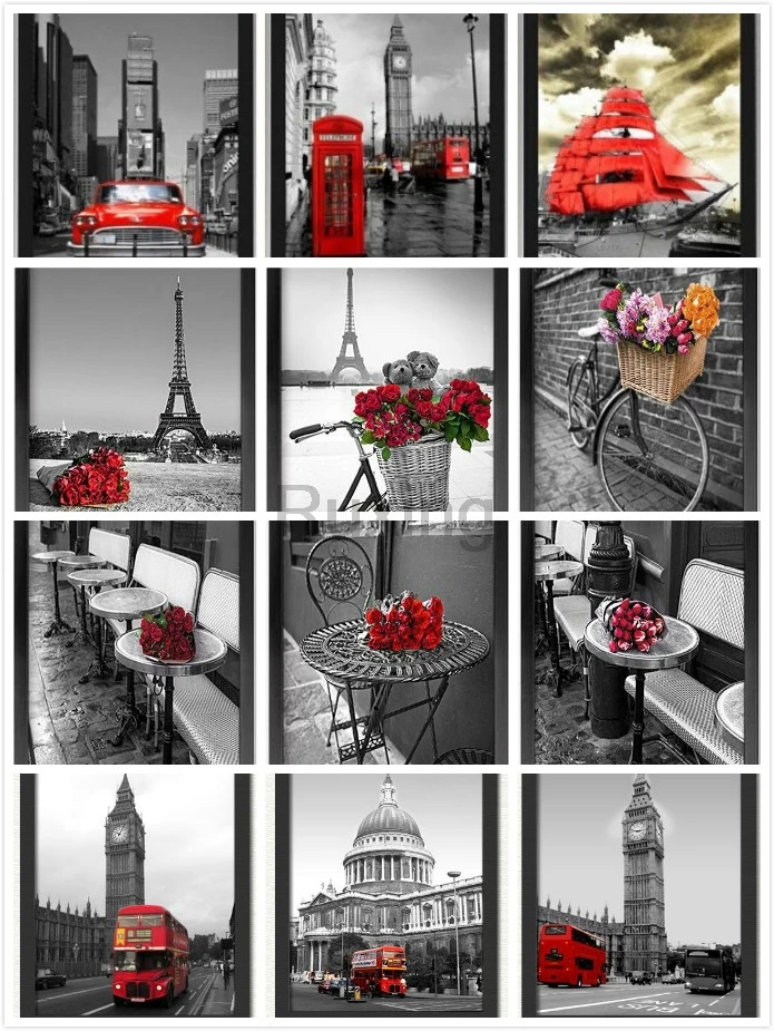 Diamond Embroidery City black and white red landscape Mosaic Painting Square Drill Cross Stitch Decoration gift | Дом и сад