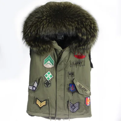 Green green fur Зимний меховой жилет с капюшоном, британский стиль, армейский зеленый цвет, воротник из натурального меха енота, женская жилетка, бренд - Цвет: Green green fur