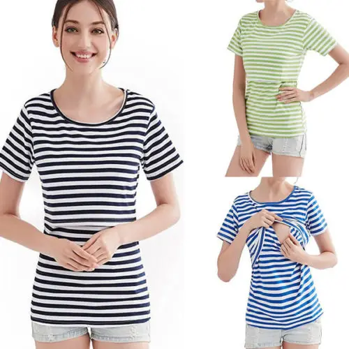 Summer 100%Cotton Nursing Clothes Striped T-shirt Simple Breastfeeding Breathable Maternity Tops | Женская одежда
