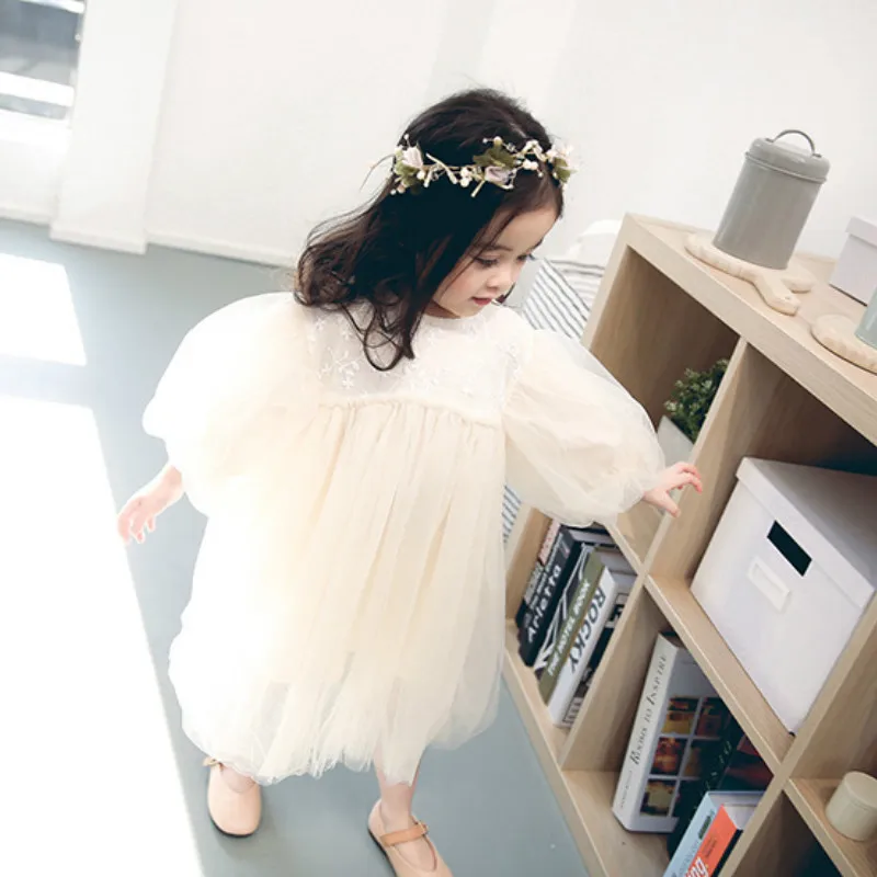 2019 Spring girls fashion mesh long sleeve princess dresses 0-4 years cute girl puff floral embroidery dress Tops | Детская одежда и