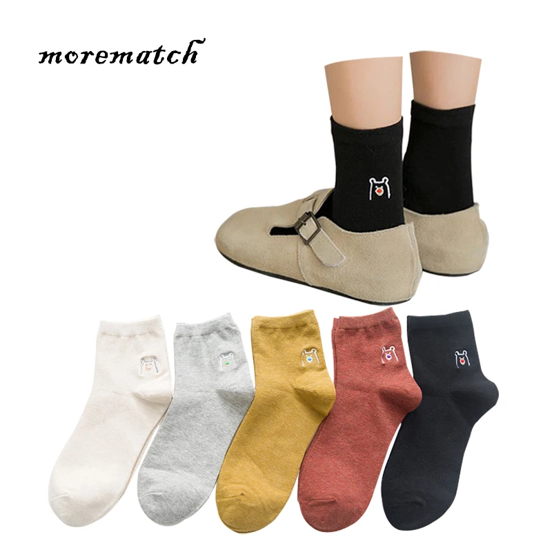 

Morematch 1 пара женской обуви однотонные цветной носок каблук с вышитым медведем хлопковые носки в студенческом стиле носки для мальчиков, 5 Цве...