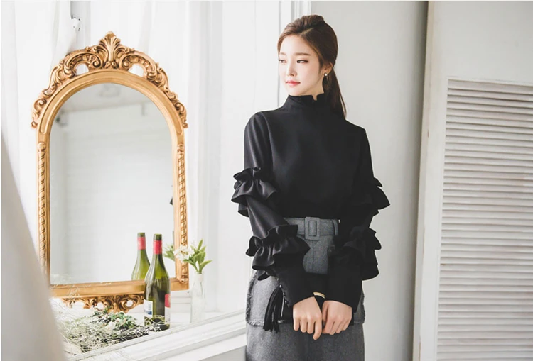 Blusas Mujer De Moda, модные шифоновые блузки с оборками, женские рубашки, Офисная Леди, лист лотоса, черная тонкая задняя просвечивающаяся блузка