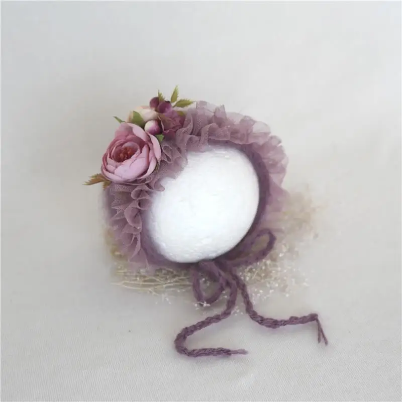 Lilac Baby Girl Lace Floral Bonnet Newborn Photography Hat beanie Purple Flower Infant Cap Props | Детская одежда и обувь