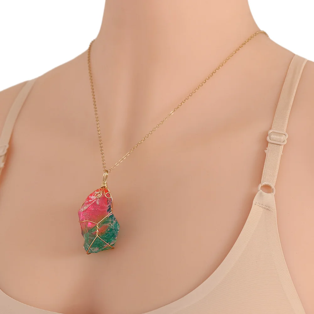 Rainbow Stone Pendant Necklace Fashion Crystal Chakra Rock Necklace Gold Color Chain Quartz Pendant Necklace For Women Gifts
