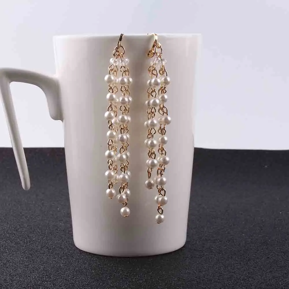 Богемные женские серьги клипсы модные длинные с жемчугом и кисточками цепочка не