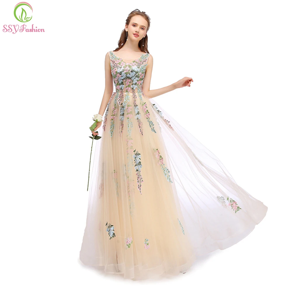 

SSYFashion New Champange Lace Embroidery Long Evening Dress The Bride Banquet Elegant Sleeveless Floor-length Prom Party Gowns