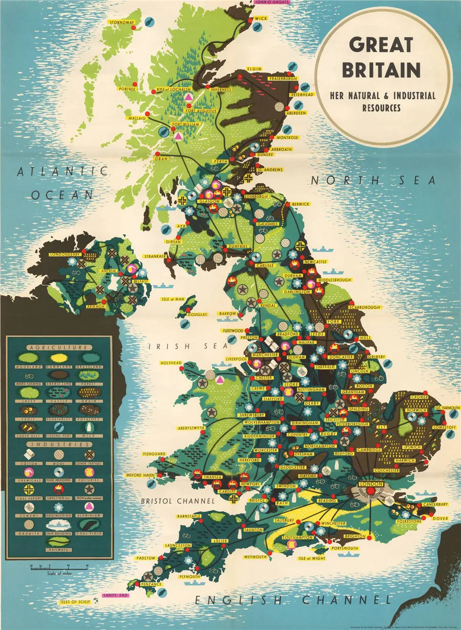 Винтажная карта Великобритании и ее природных богатств антикварная Наклейка на