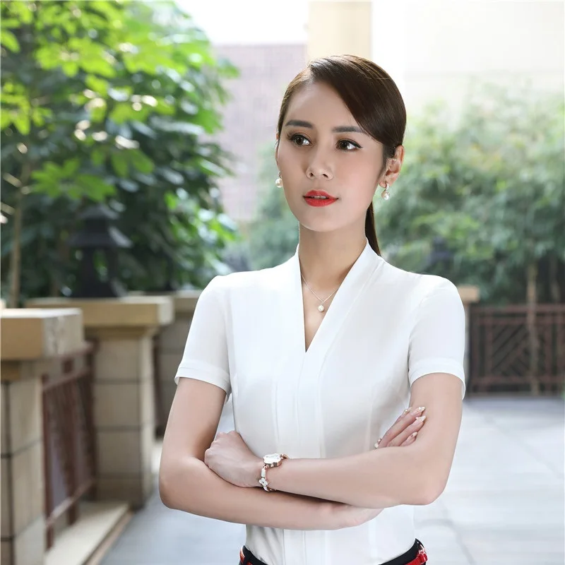 Блузка женская с коротким рукавом элегантная белая рубашка офисная одежда для