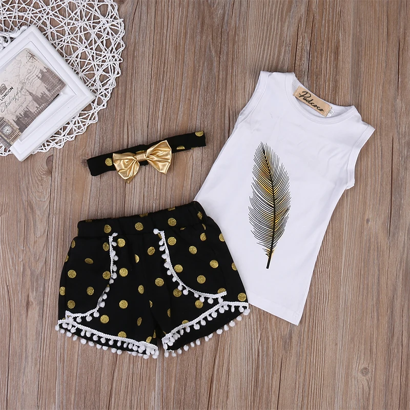 Комплект летней одежды из 3 предметов с перьями для маленьких девочек безрукавка