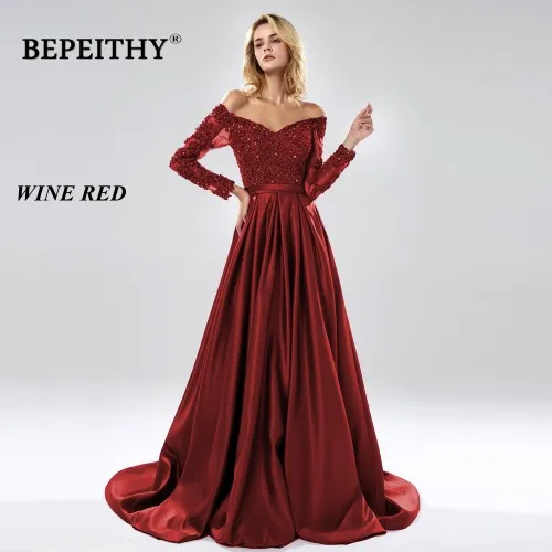Бургундия BEPEITHY Robe De Soiree с открытыми плечами длинное вечернее платье трапециевидной формы, вечерние, элегантные,, полный рукав, фиолетовый кружевной лиф, платье для выпускного вечера - Цвет: Бургундия