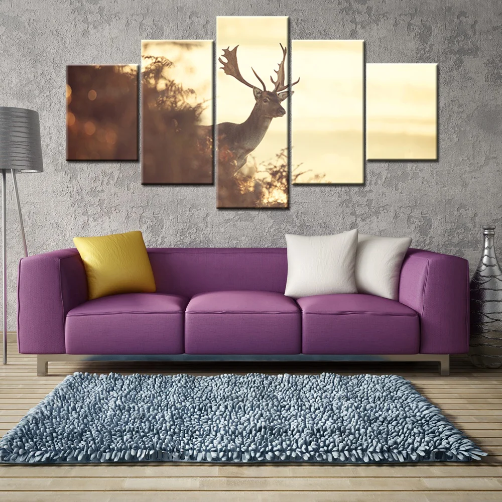 5 панелей Настенная картина с оленем принты на холсте бак Бакхорн трава туманное
