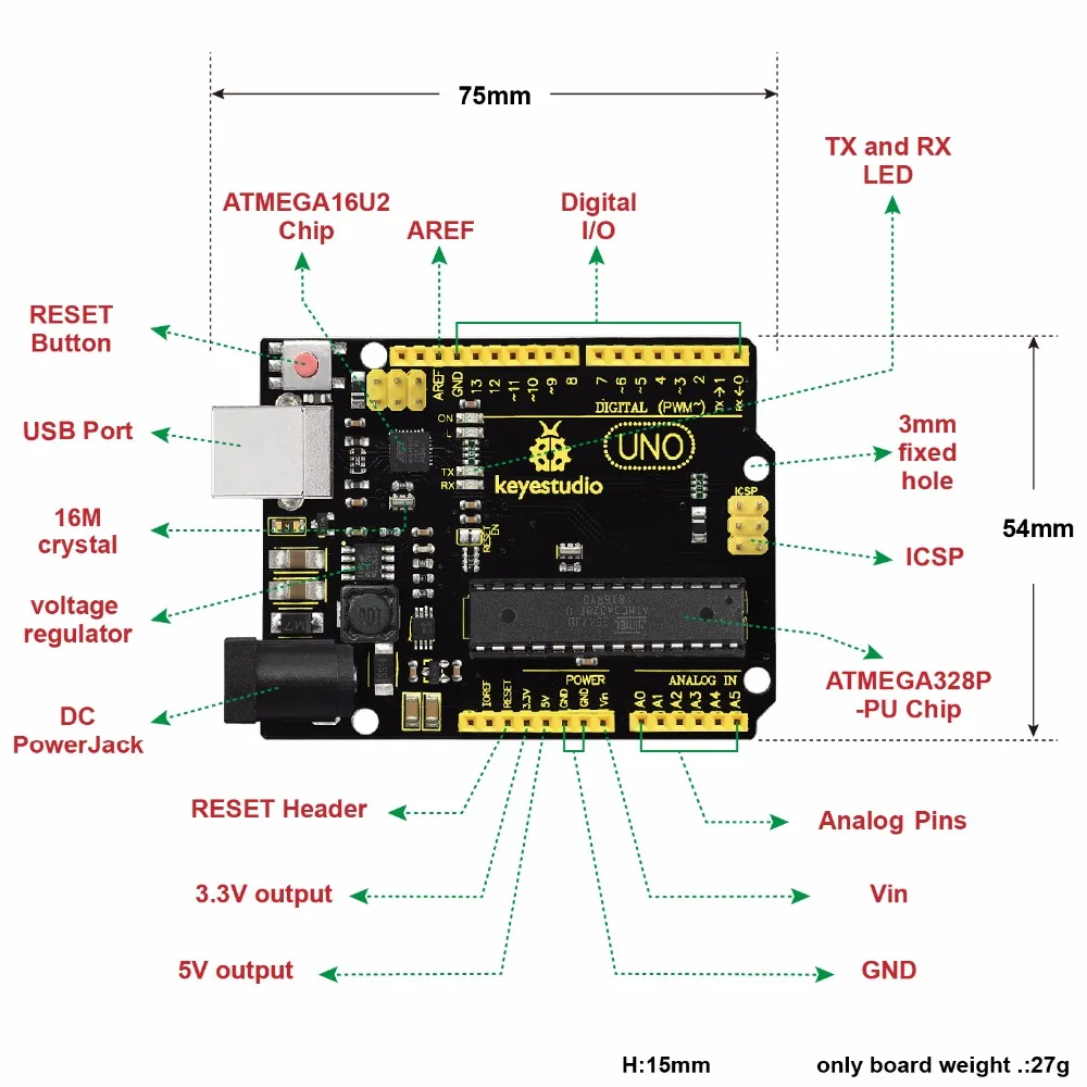 Новая версия! Keyestudio супер UNO R3 ATmega 328 плата Расширенный MP2307DNSOP-8+ USB кабель для Arduino UNO R3 DIY проект