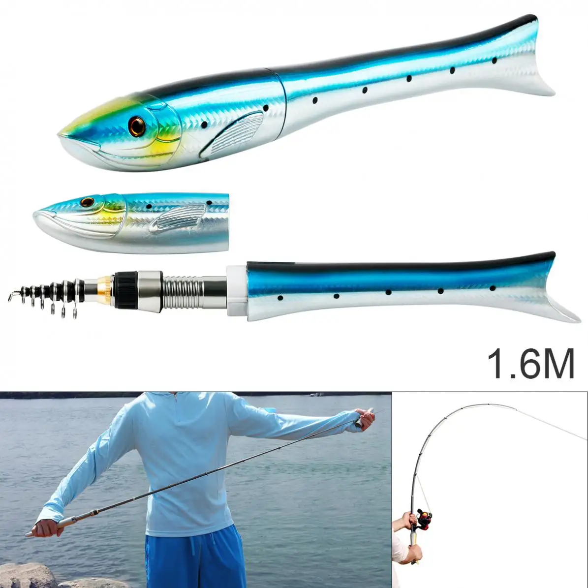 1.6m Telescopic Carbon Fishing Rod Fish Shaped Mini Pocket Pen Sea Ice Fishing Pole