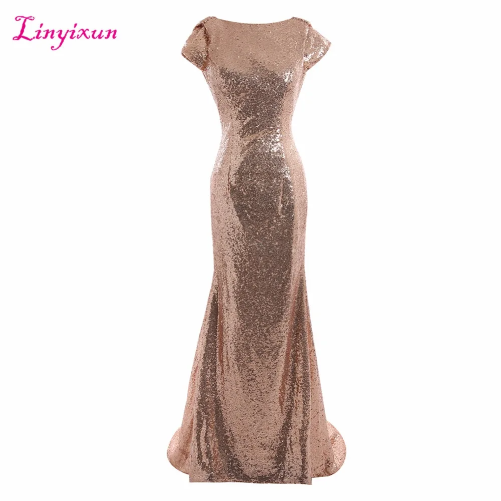 Длинное платье Linyixun цвета шампанского золотого с блестками коротким рукавом