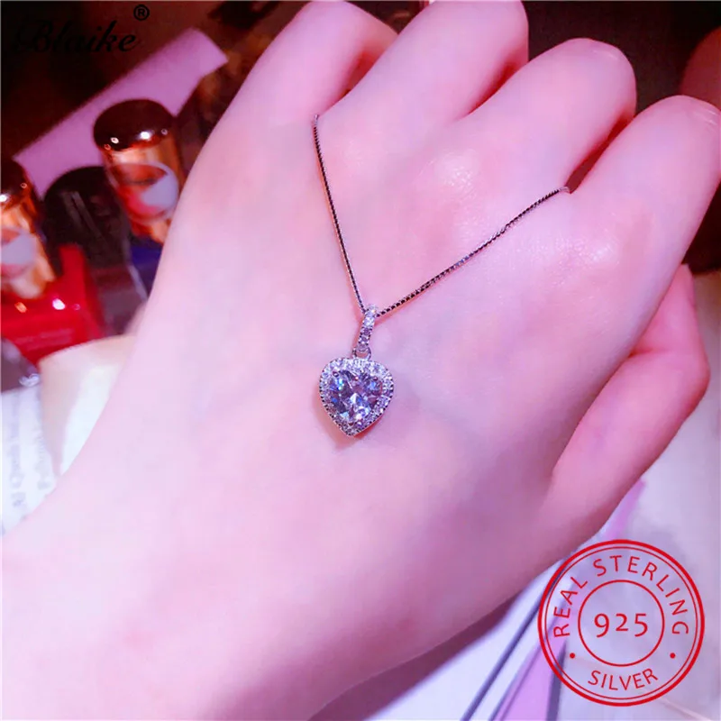 

Real 925 Sterling Silver Heart Pendant Necklaces For Women White Sapphire Zircon Clavicle Necklace Wedding Choker Fine Jewelry