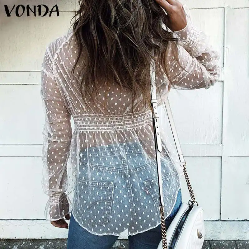 VONDA, Женская кружевная блузка, открытая спина, сетчатая рубашка,, повседневная, с длинным рукавом, из кусков, полые топы, шикарная блузка, сексуальные топы, блузы размера плюс